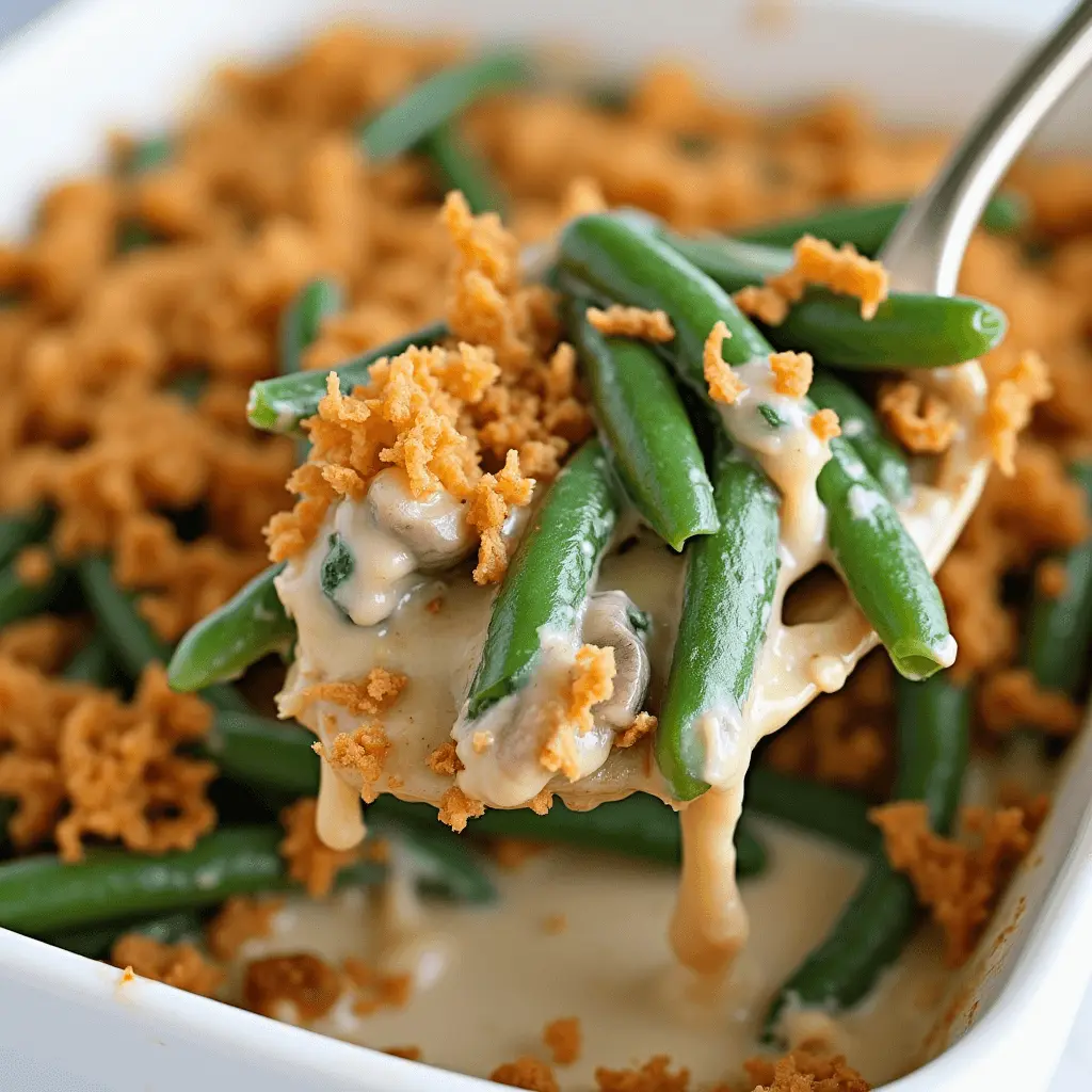 A spoonful of green bean casserole with creamy sauce, fresh green beans, and crispy fried onions, lifted from a white baking dish.