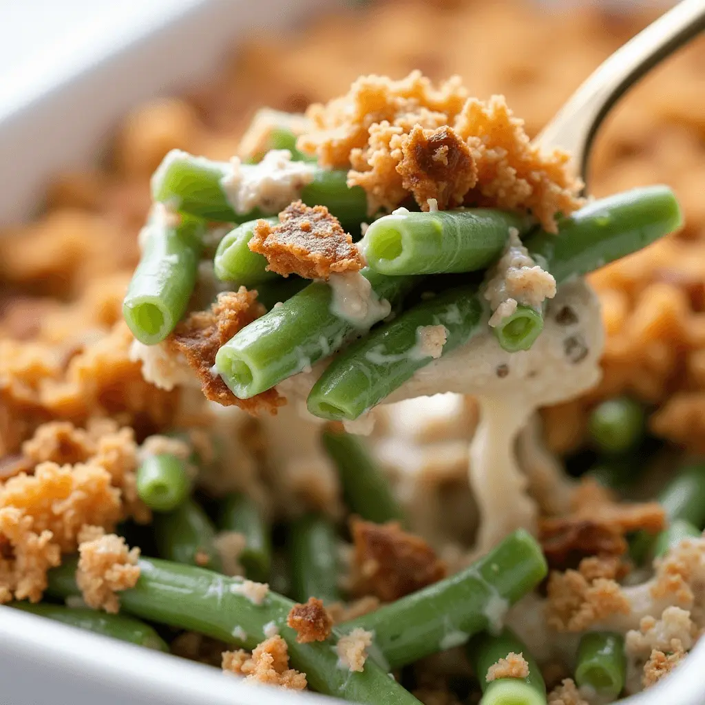 A spoonful of green bean casserole with creamy sauce, fresh green beans, and crispy fried onions, lifted from a white baking dish.