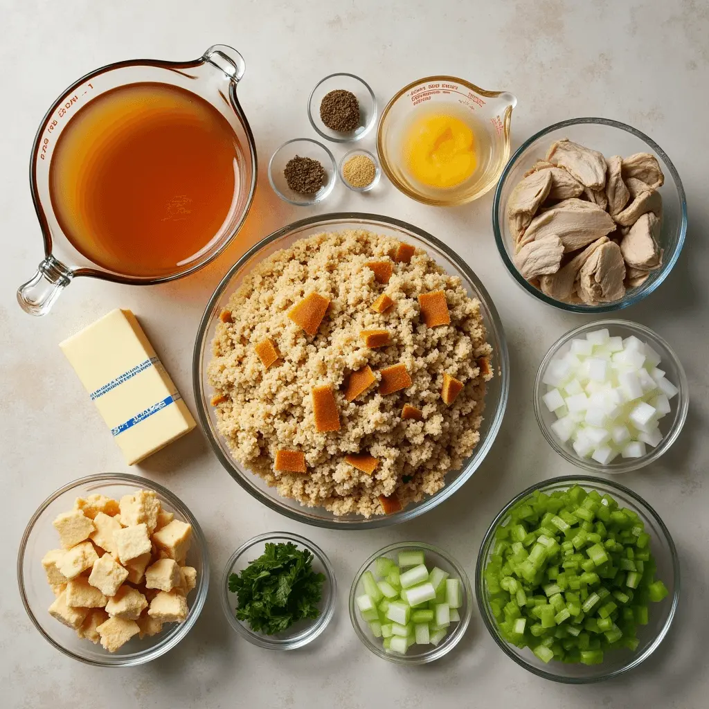 A top-down view of various ingredients for a homemade casserole, including cooked couscous, cubed cornbread, chicken, chopped onions, celery, broth, butter, eggs, and seasonings, arranged neatly in glass bowls.