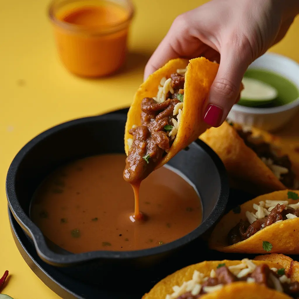 A hand dipping a cheesy, beef-filled taco into a rich, flavorful broth in a black bowl, with more tacos and dipping sauces in the background.