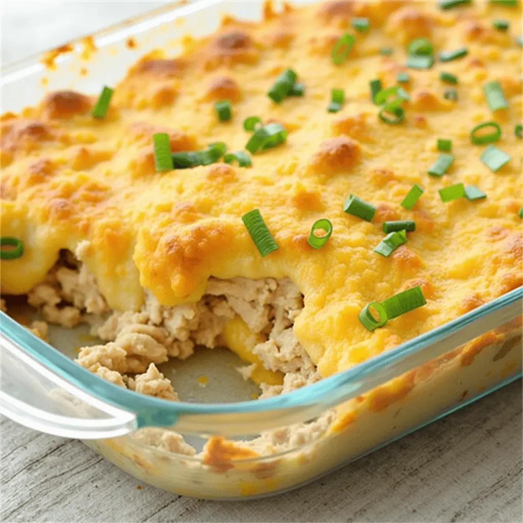 A golden-brown, cheesy keto tuna casserole topped with chopped green onions in a glass baking dish.