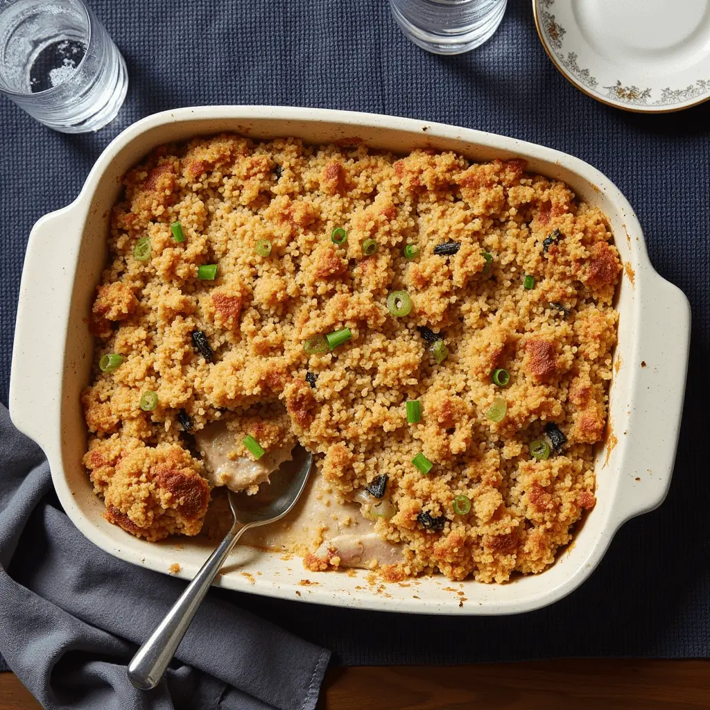 A baked casserole dish filled with golden, crispy couscous topping garnished with chopped green onions, with a serving spoon revealing a portion of tender chicken underneath.