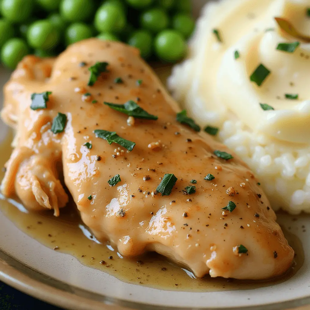 A close-up of tender, herb-seasoned chicken breast covered in a rich, glossy sauce, served with creamy mashed potatoes and fresh green peas.