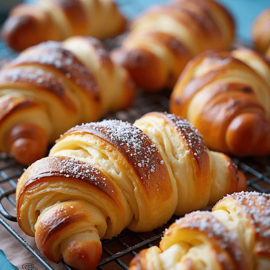 A close-up of freshly baked croissants with a golden-brown crust, flaky layers, and a sprinkle of pearl sugar, cooling on a wire rack.