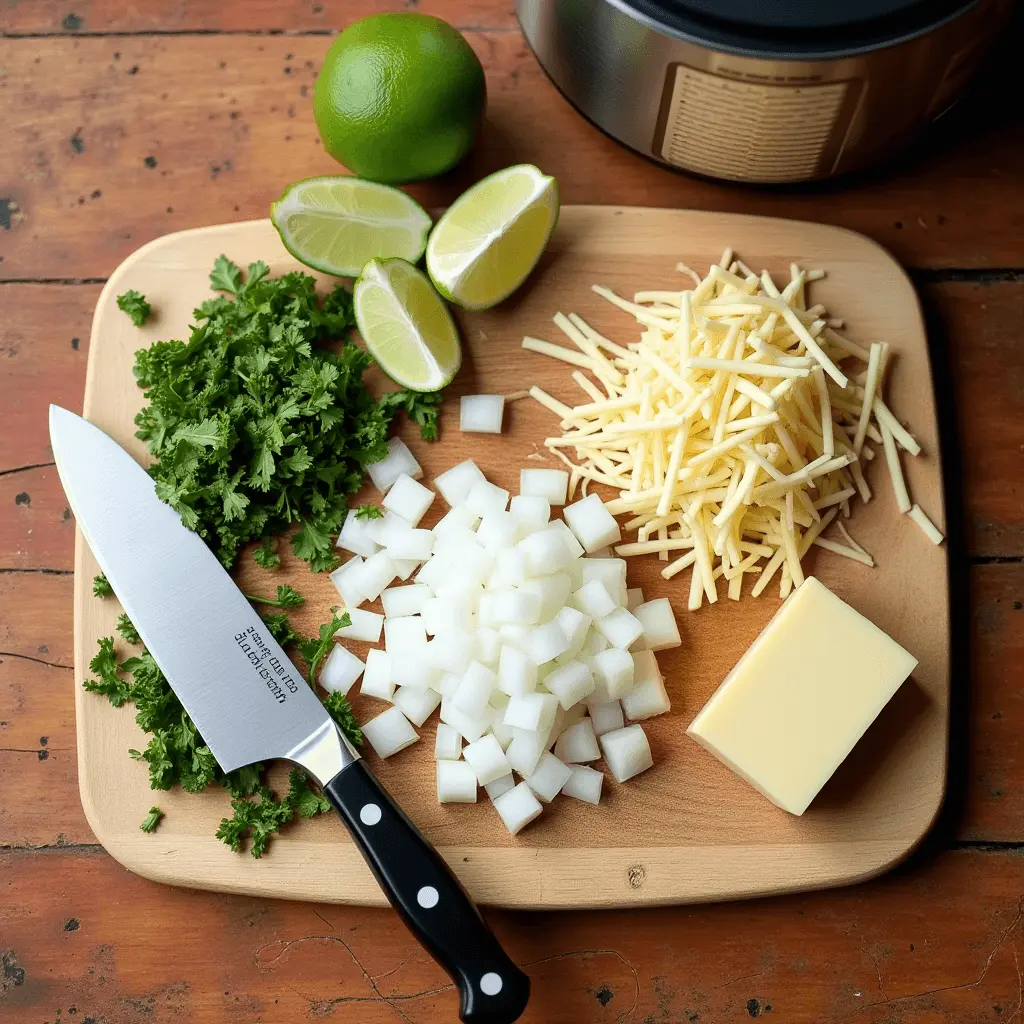 A wooden cutting board with freshly chopped onions, parsley, shredded cheese, lime wedges, and a block of butter, alongside a chef's knife.