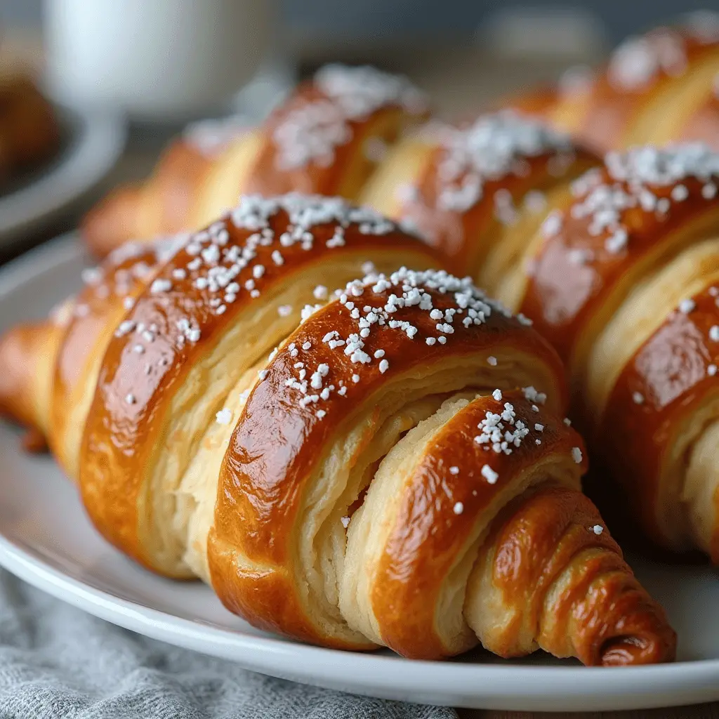 A close-up of freshly baked golden-brown croissants with a glossy surface, topped with pearl sugar, served on a white plate.