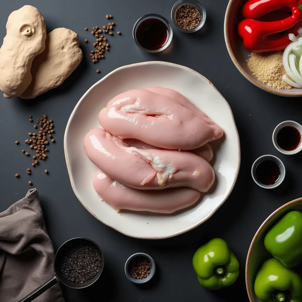 Raw chicken breasts on a plate surrounded by spices, sauces, and fresh vegetables on a dark surface.