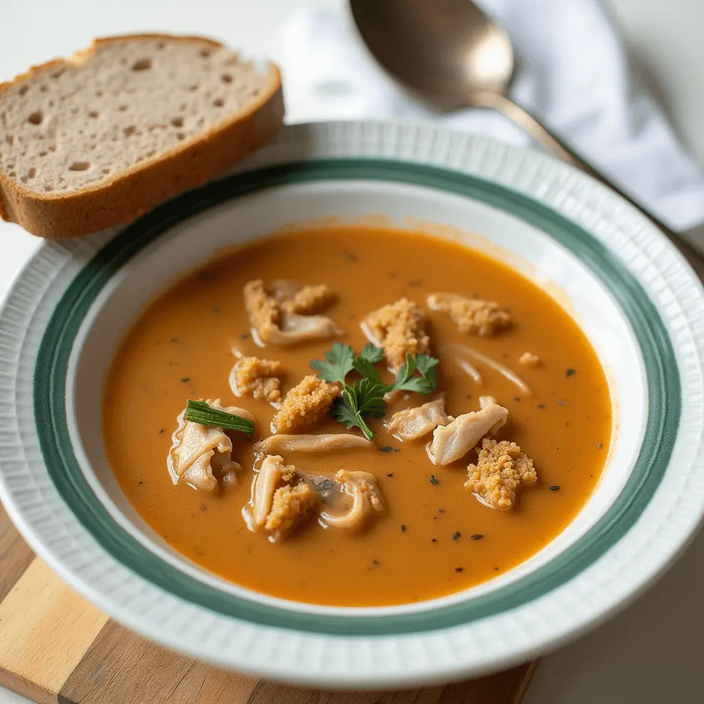 A bowl of tripe soup with a rich, orange-colored broth, garnished with parsley and served with a slice of bread.