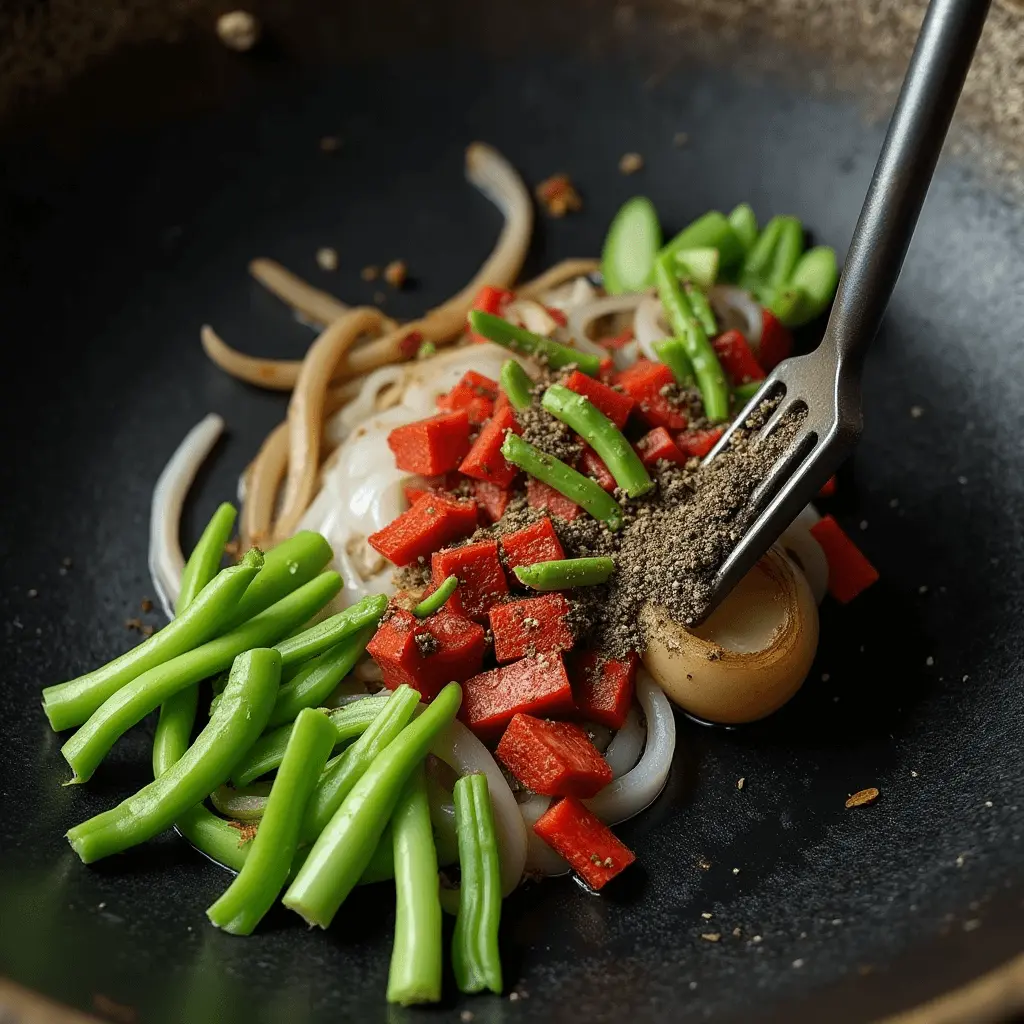 Fresh vegetables, noodles, and seasonings being stir-fried in a wok with a fork mixing the ingredients.