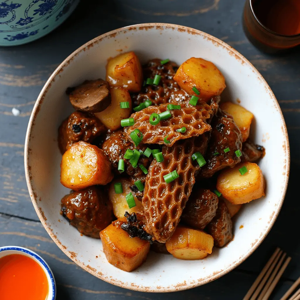 A bowl of braised beef tripe with potatoes and meatballs, garnished with chopped green onions, served on a rustic wooden table.