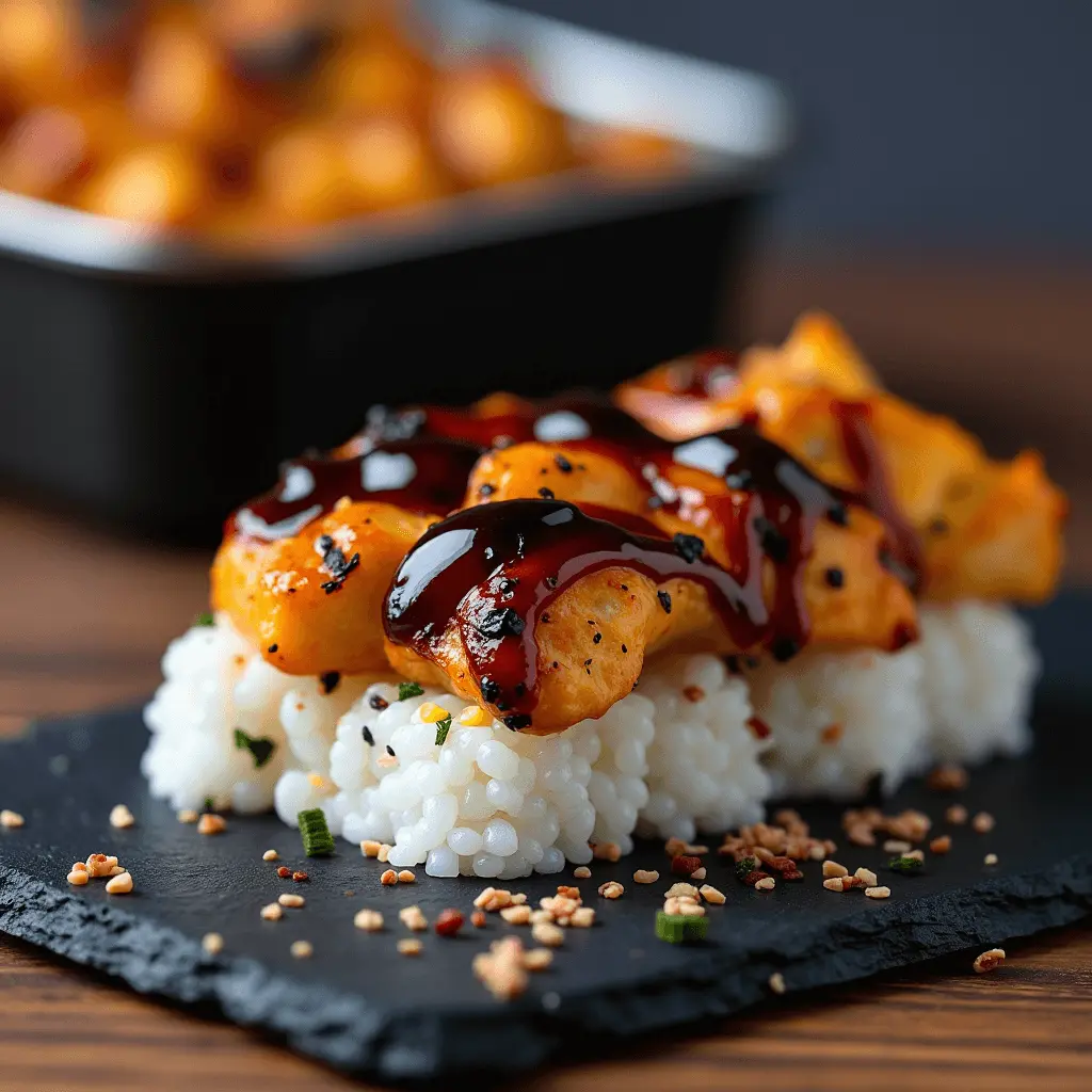A close-up of a sushi bake casserole topped with spicy tuna, drizzled with mayo and sriracha, and garnished with scallions and sesame seeds.