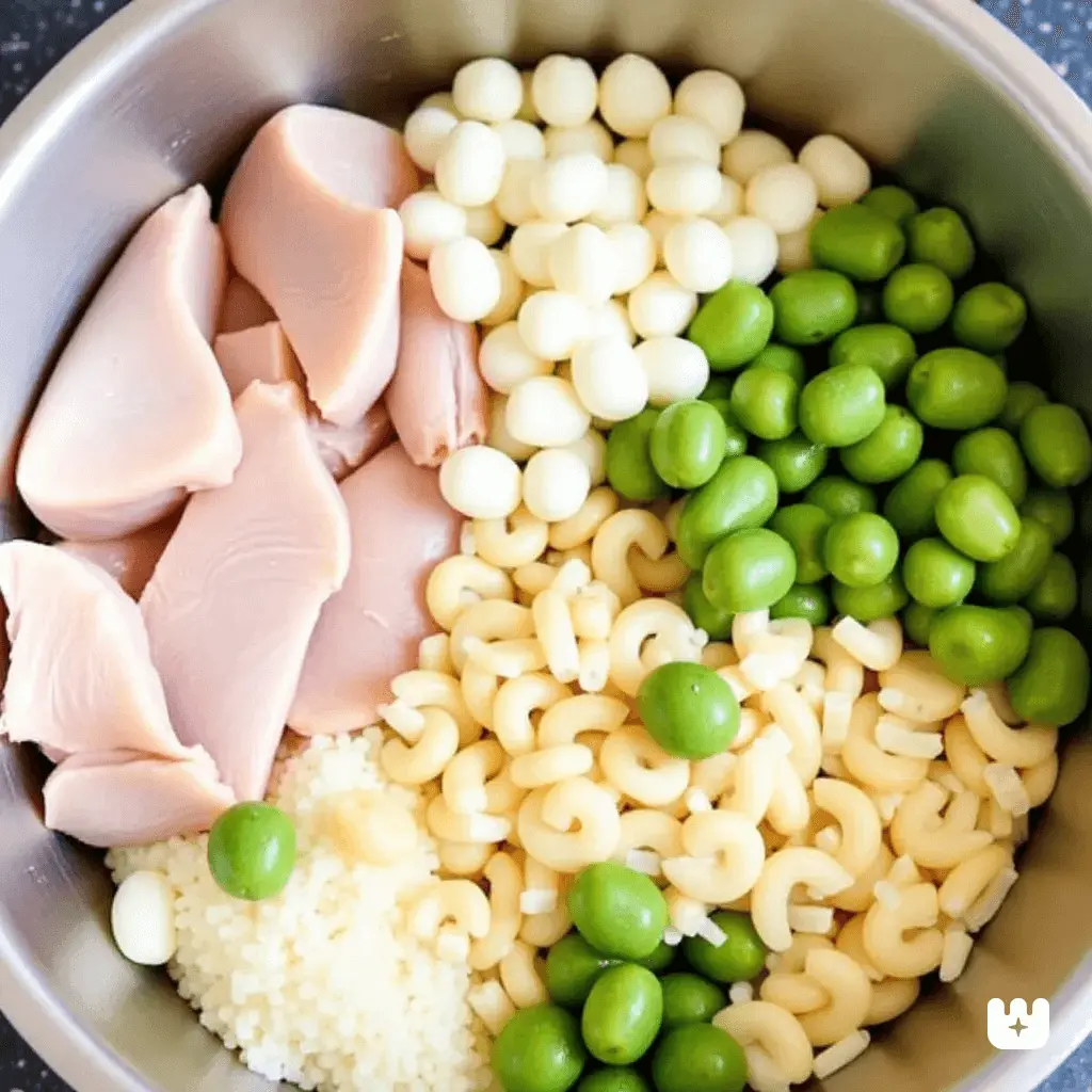 A bowl filled with ingredients for chicken pot pie, including cooked chicken, peas, pearl onions, pasta, and couscous.