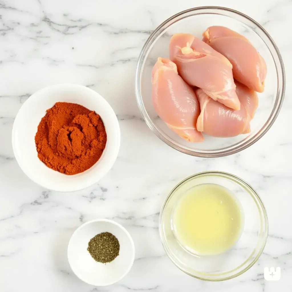 A top-down view of buffalo chicken dry rub ingredients, including raw chicken, paprika, black pepper, and egg whites.