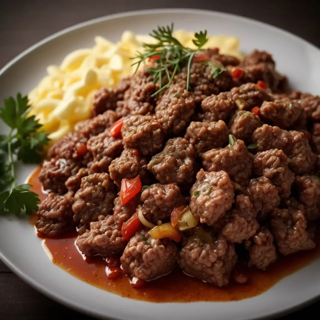 A plate of tender, saucy ground beef with red bell peppers and herbs, served alongside buttered pasta and garnished with fresh parsley.