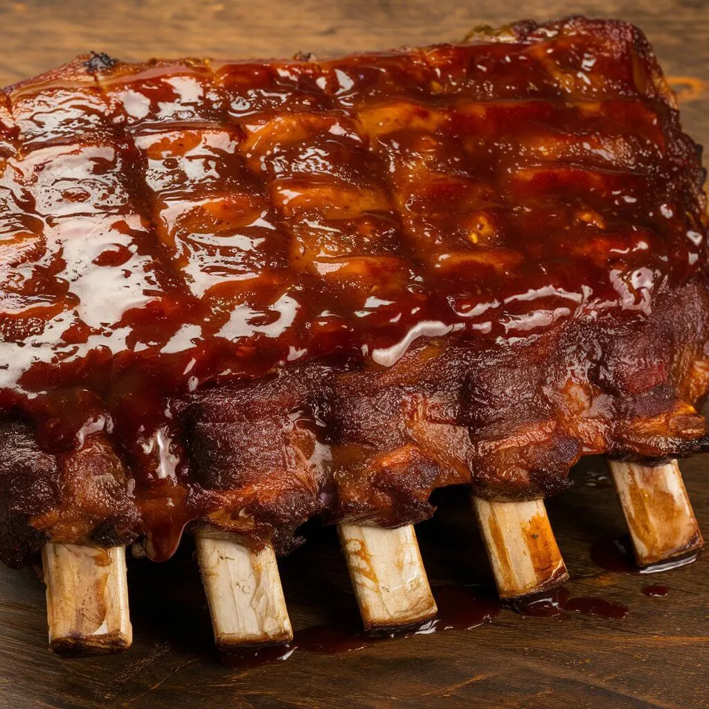 A close-up of a rack of barbecue beef ribs glazed with a rich, glossy barbecue sauce, resting on a wooden surface.