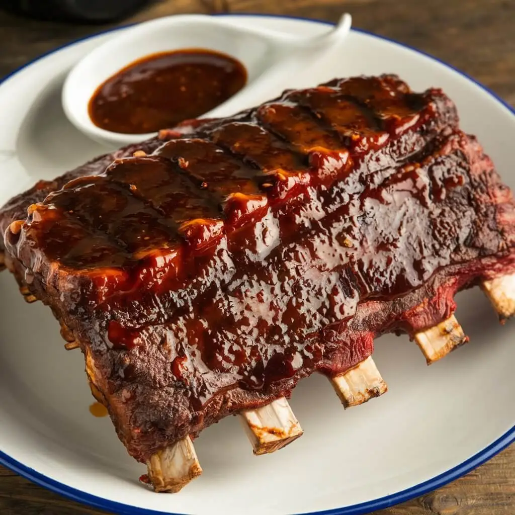 A plate of glazed BBQ beef ribs with a side of barbecue sauce, served on a white dish with a blue rim.