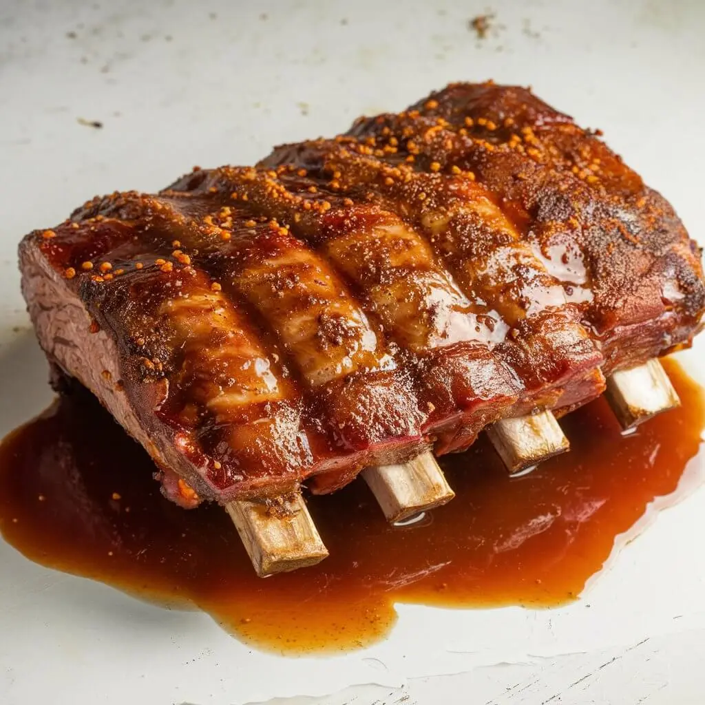 A rack of beef back ribs glazed with barbecue sauce, resting on a white surface with sauce drizzled around.