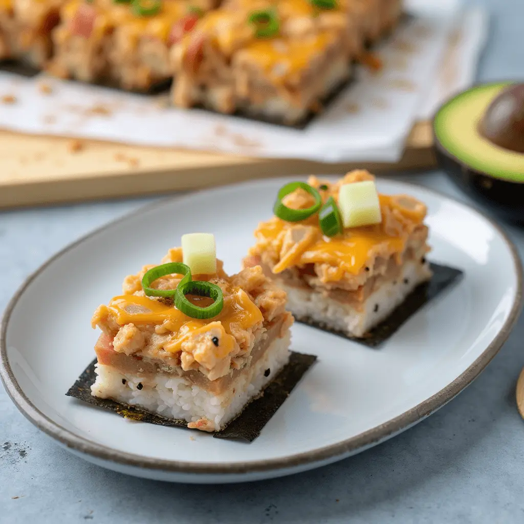 Spicy tuna sushi bake squares with melted cheddar cheese, scallions, and nori base.