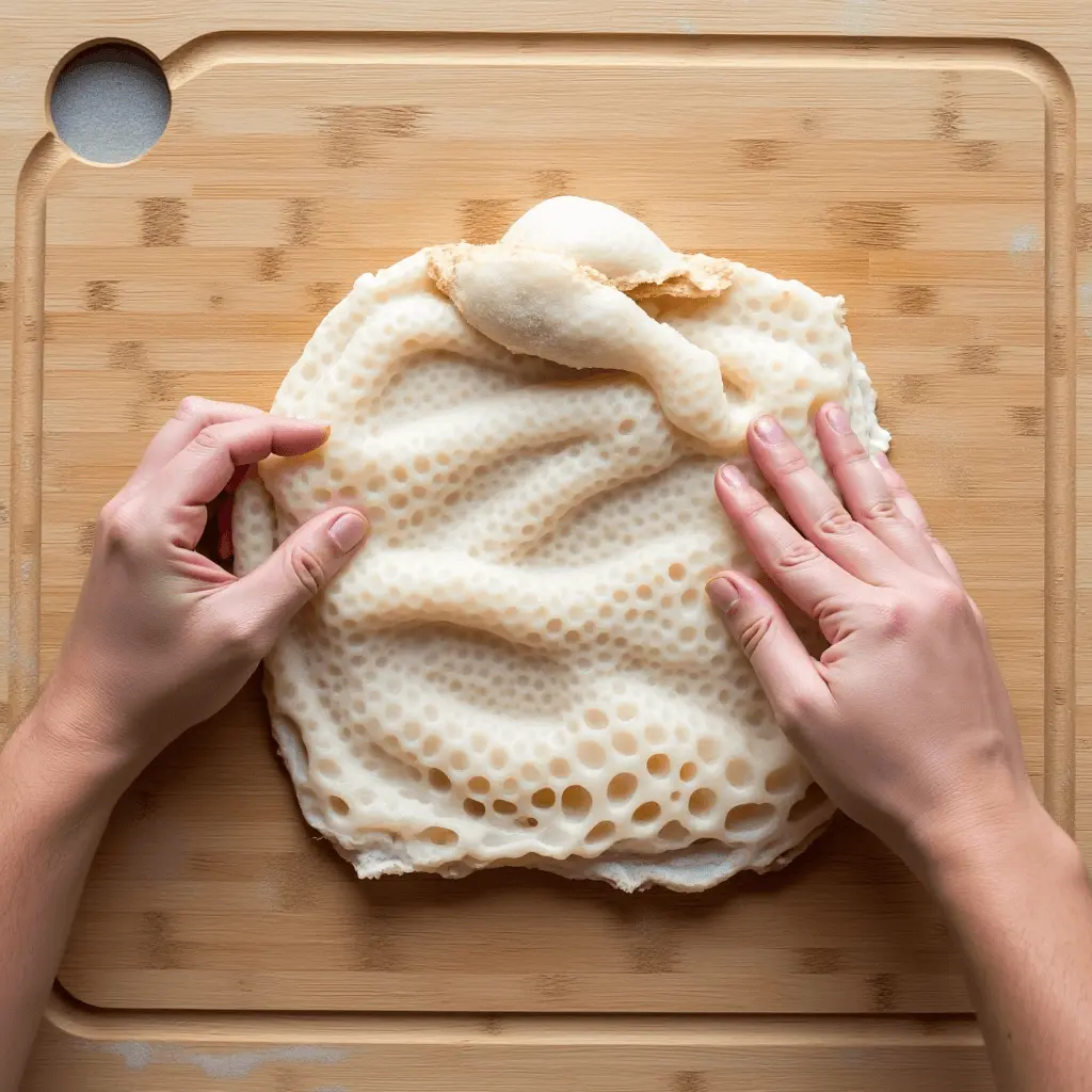 A person handling raw honeycomb beef tripe on a wooden cutting board.