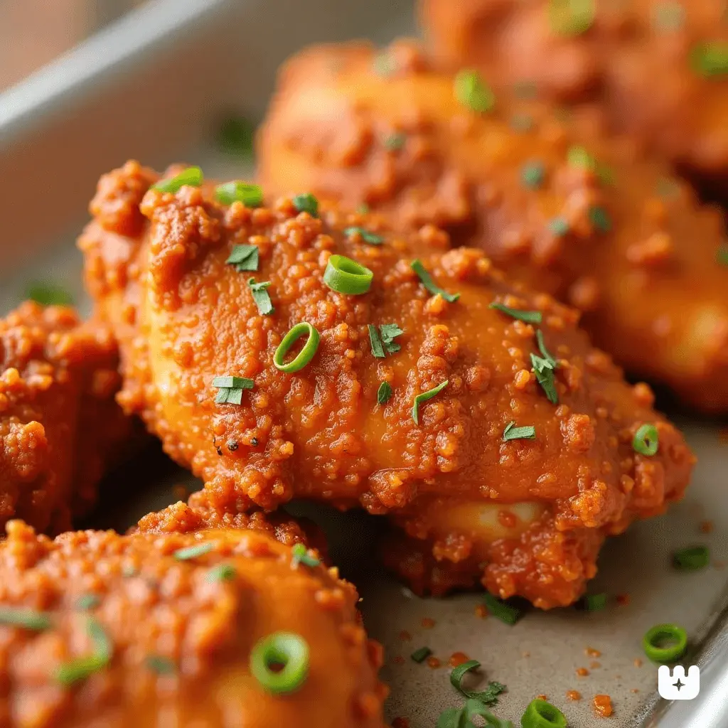 A close-up of crispy buffalo chicken pieces coated in a rich, dry rub and garnished with freshly chopped green onions.