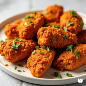 A plate of buffalo chicken wings with a crispy dry rub coating, garnished with fresh green onions.