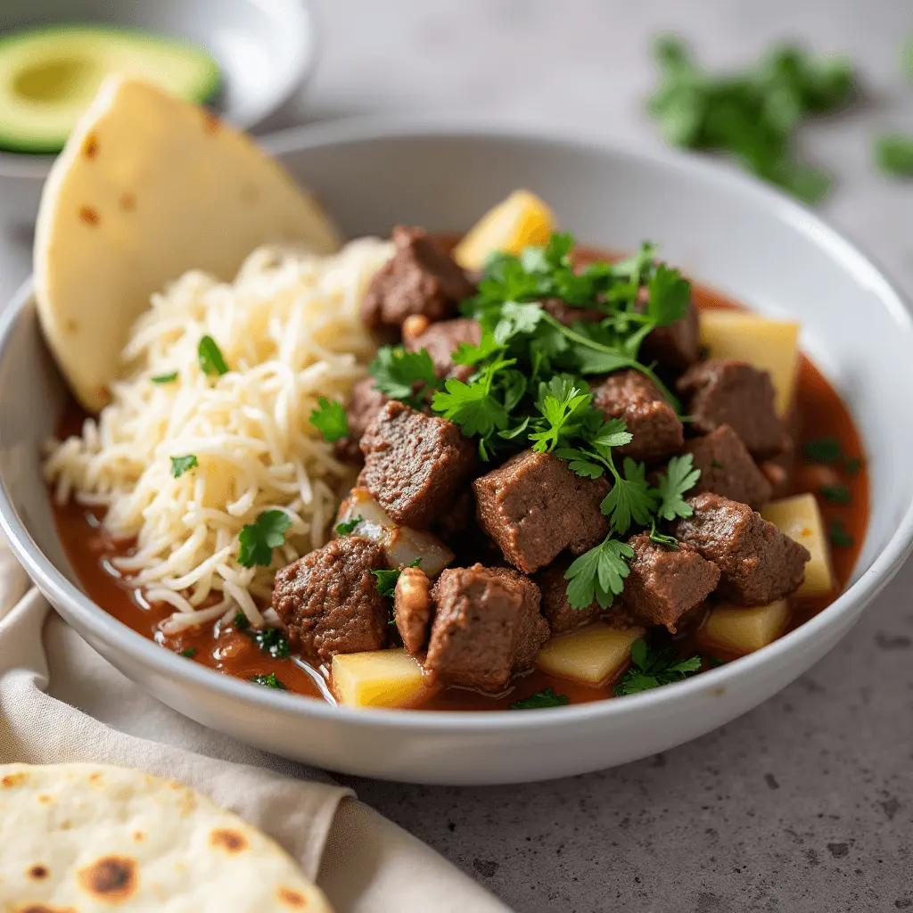 A plate of Carne con Papas, a traditional Latin American beef and potato stew, garnished with fresh parsley, served alongside fluffy white rice and a warm tortilla.