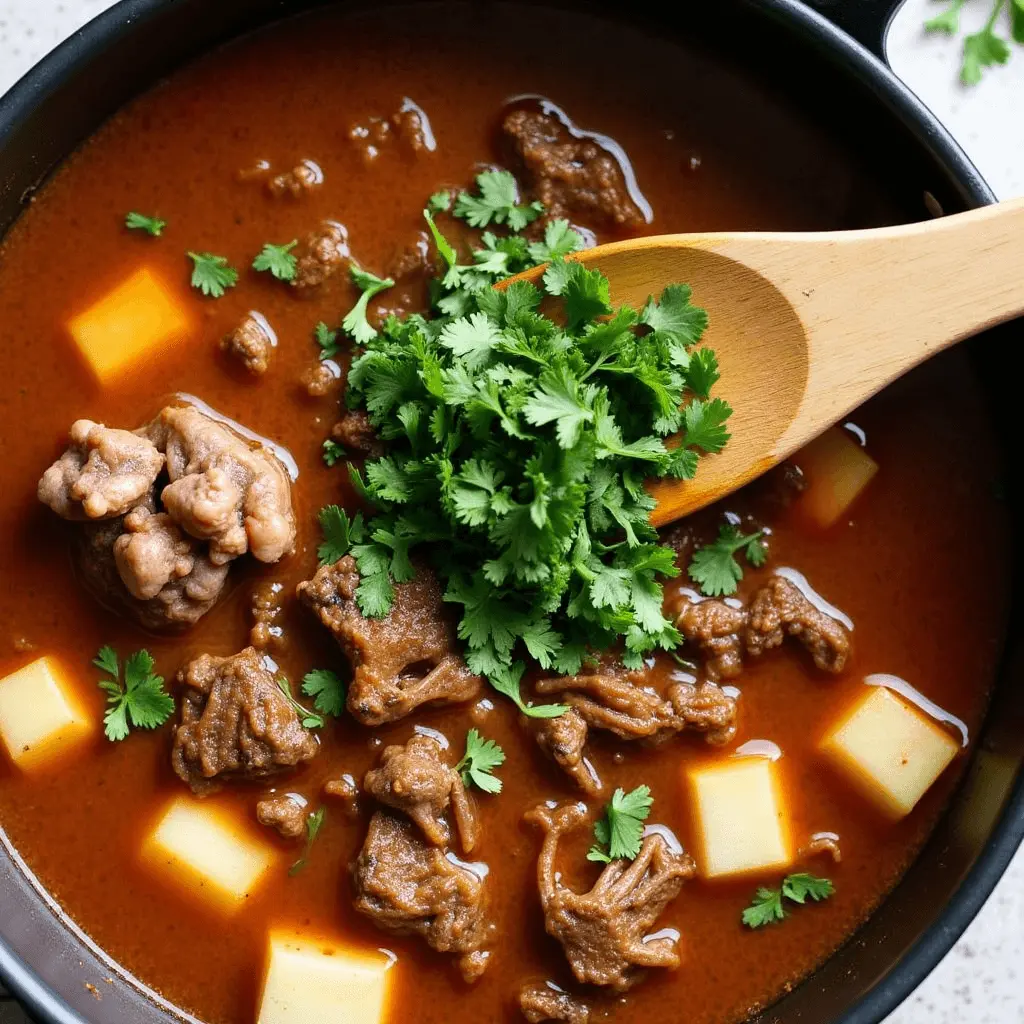 A simmering pot of Carne con Papas, a traditional beef and potato stew, garnished with fresh cilantro.