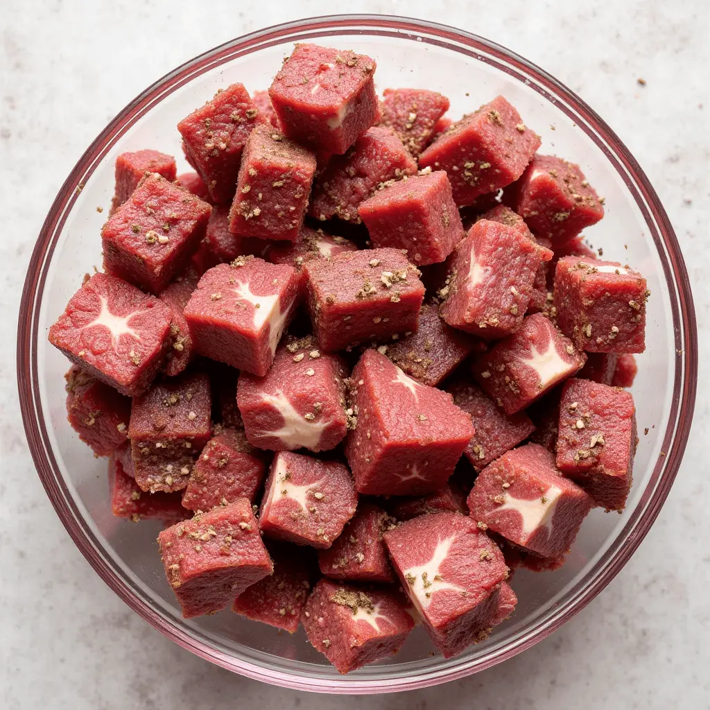 A bowl of raw, cubed beef seasoned with black pepper, ready for cooking.