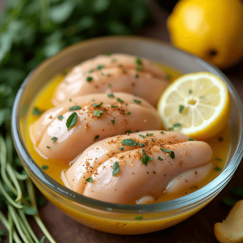 Raw chicken breasts marinating in a citrus-infused liquid, garnished with fresh herbs and spices, with a sliced lemon on the side.