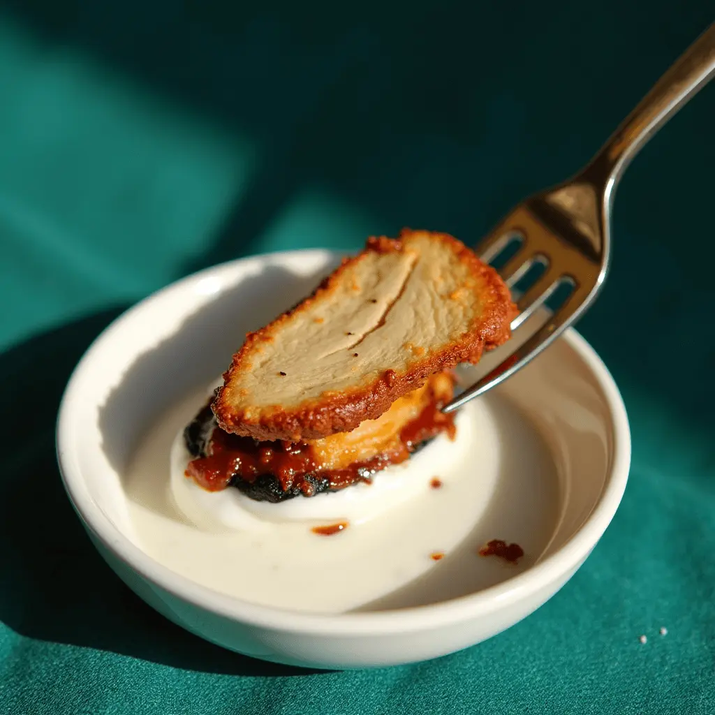 A crispy, golden-brown piece of breaded chicken on a fork, dipped in a creamy white sauce, with a small dish of sauce beneath it.