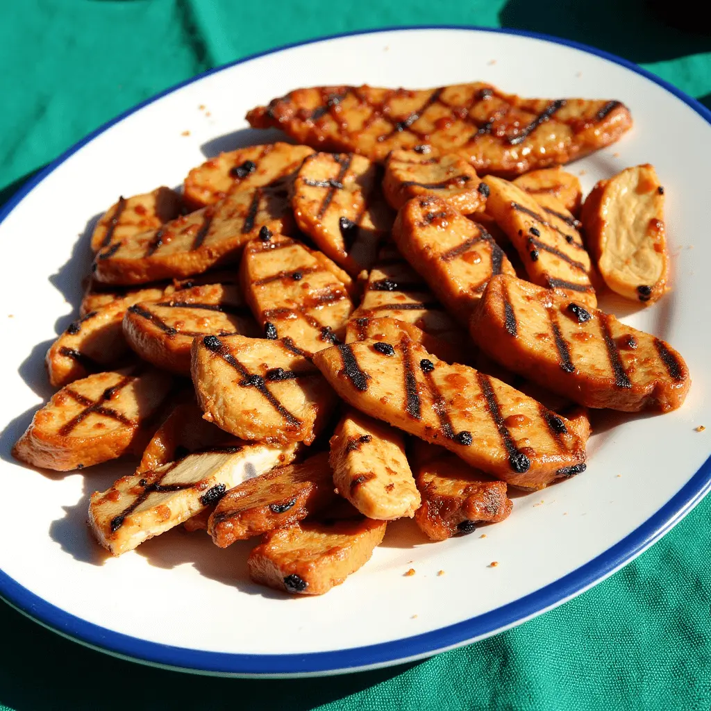 A plate of grilled chicken breast slices with dark grill marks, coated in a flavorful marinade, served on a white and blue-rimmed plate.