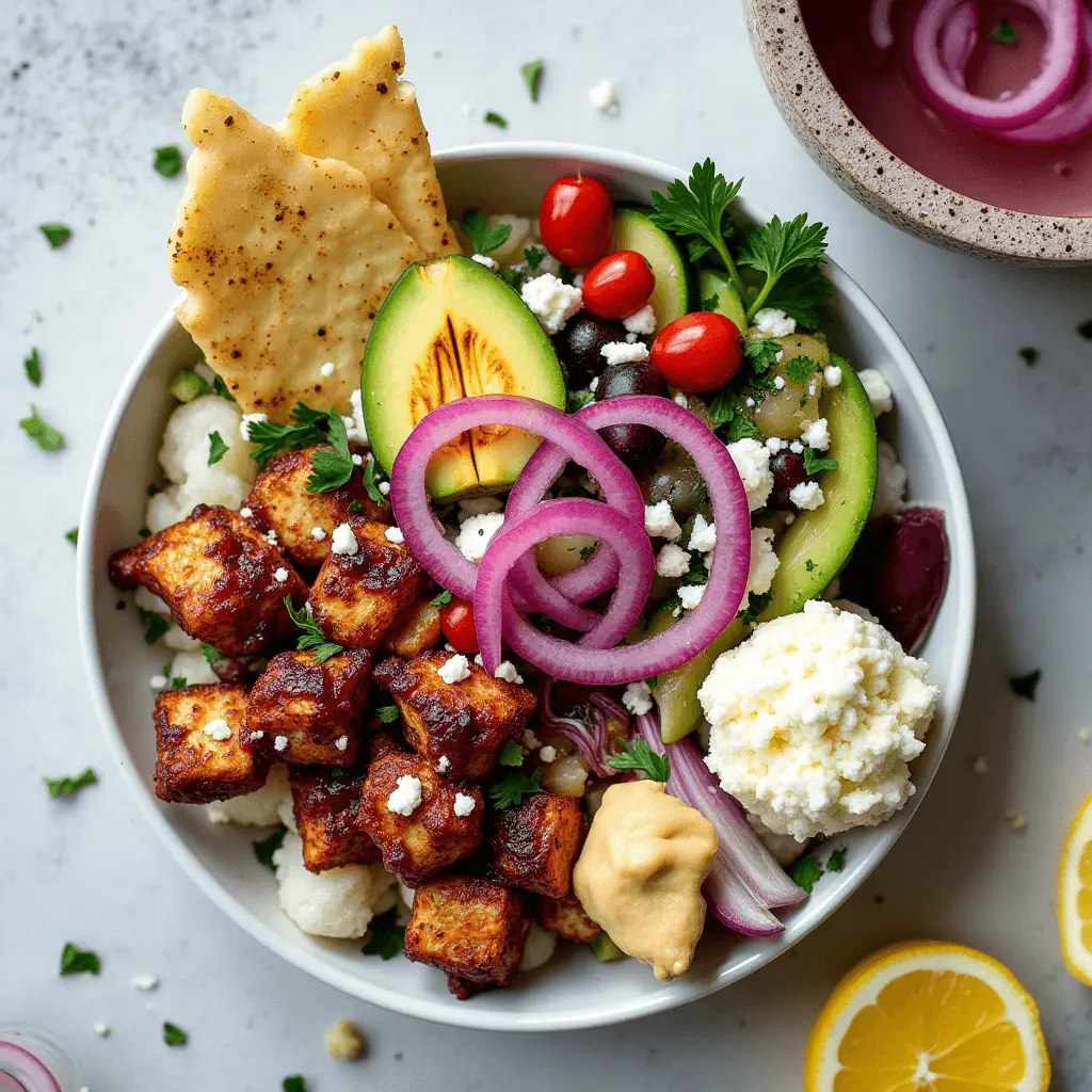 A vibrant Mediterranean-inspired bowl with grilled tofu, avocado, cherry tomatoes, black beans, pickled onions, feta cheese, hummus, and crispy crackers, garnished with fresh herbs.