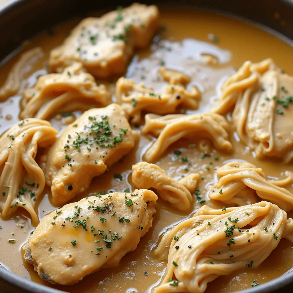 A creamy chicken dish with shredded oyster mushrooms, coated in a rich golden gravy and garnished with fresh herbs.