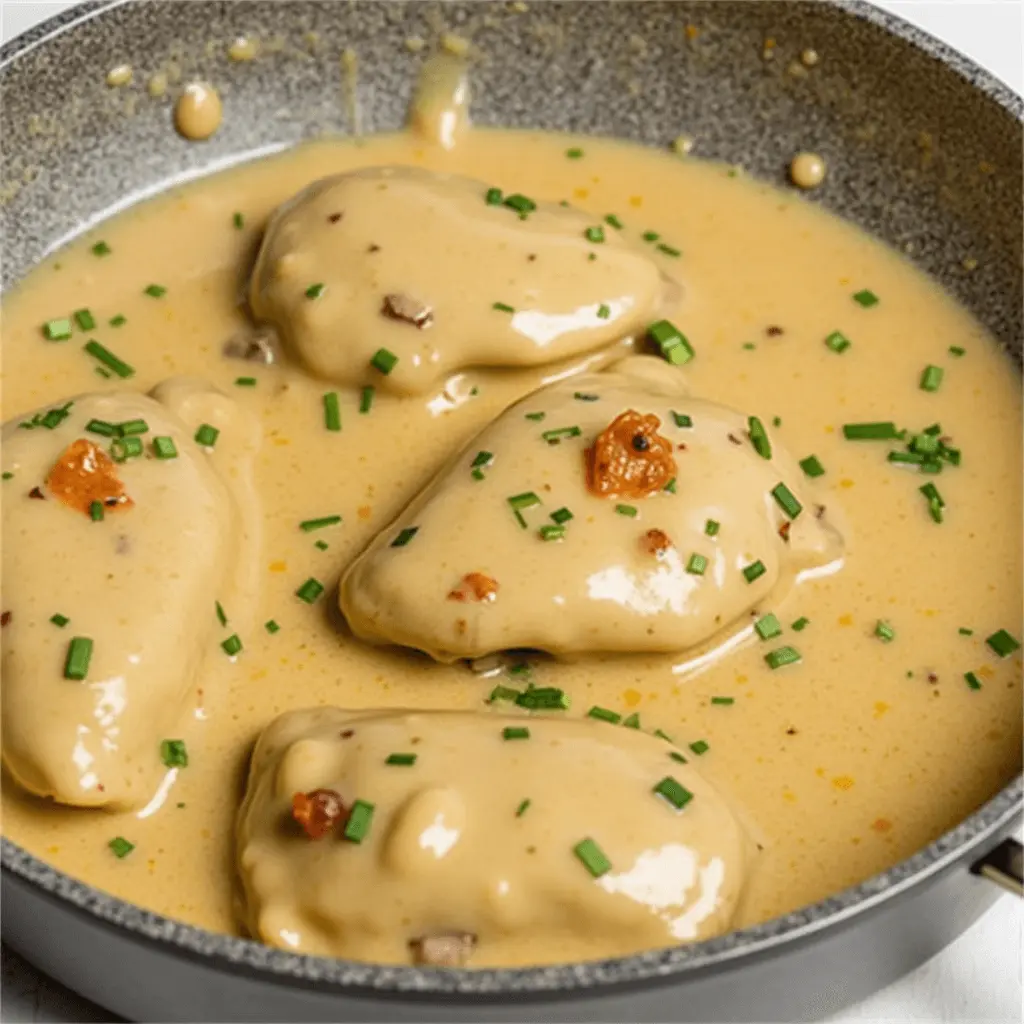 Juicy chicken breasts smothered in a creamy golden gravy, garnished with fresh chives and sun-dried tomatoes in a skillet.