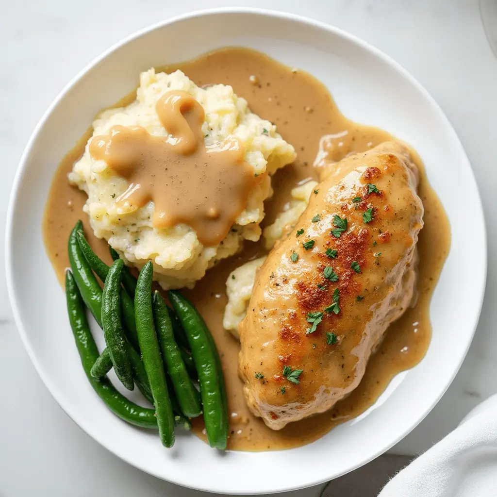 A plate of creamy smothered chicken with mashed potatoes and gravy, served with fresh green beans.