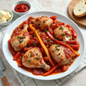 A plate of braised chicken in a rich tomato sauce with bell peppers, chickpeas, and fresh herbs, served alongside bread and butter.