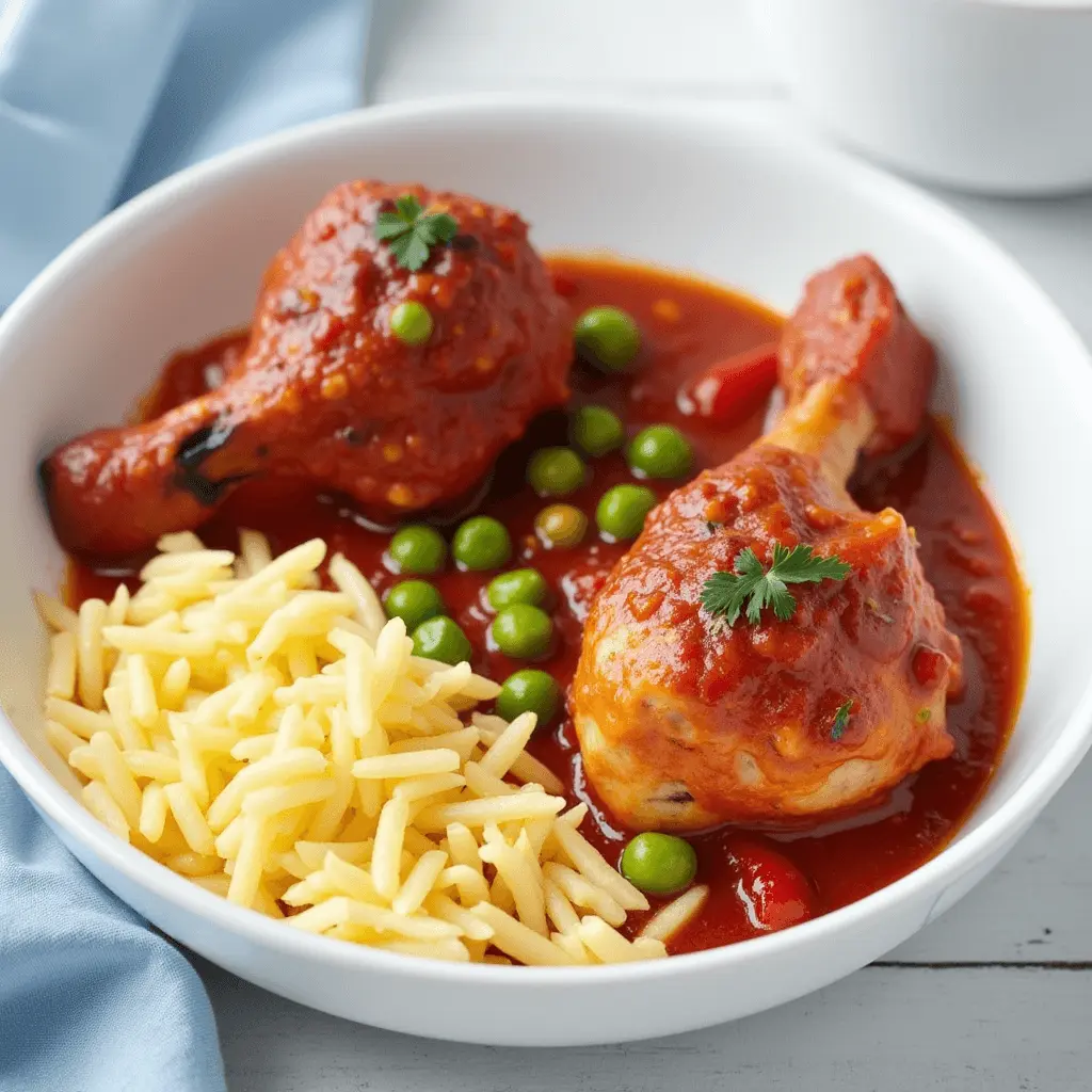 A plate of braised chicken in a rich tomato sauce with bell peppers, chickpeas, and fresh herbs, served alongside bread and butter.