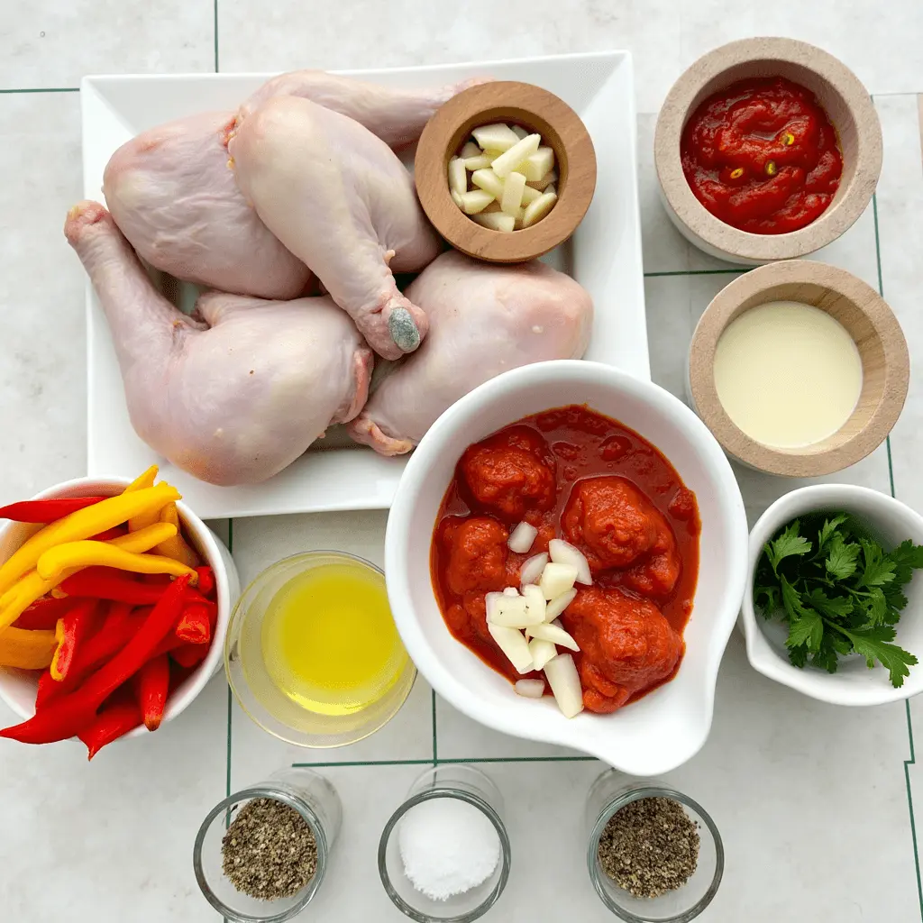 Fresh ingredients for Chicken Calabrese, including raw chicken legs, bell peppers, tomato sauce, meatballs, garlic, parsley, olive oil, and seasonings, arranged on a white surface.