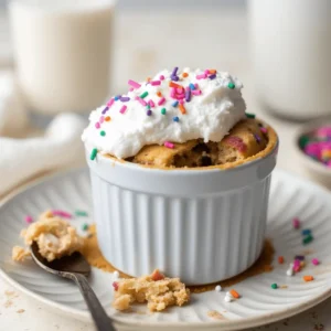 A funfetti mug cake in a white ramekin, topped with whipped cream and colorful sprinkles.