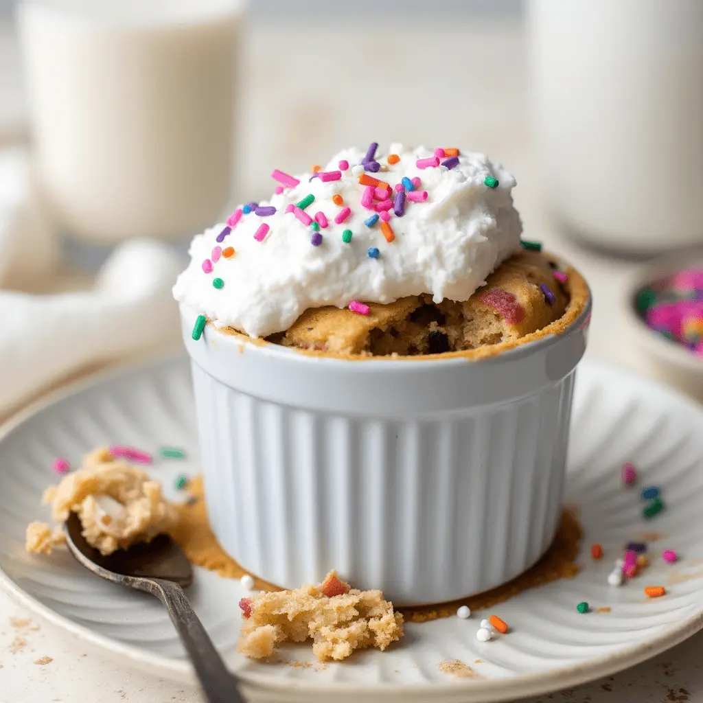 A funfetti mug cake in a white ramekin, topped with whipped cream and colorful sprinkles.