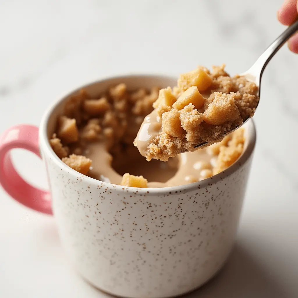 A warm apple crumble mug cake in a speckled mug, topped with diced apples and caramel drizzle.