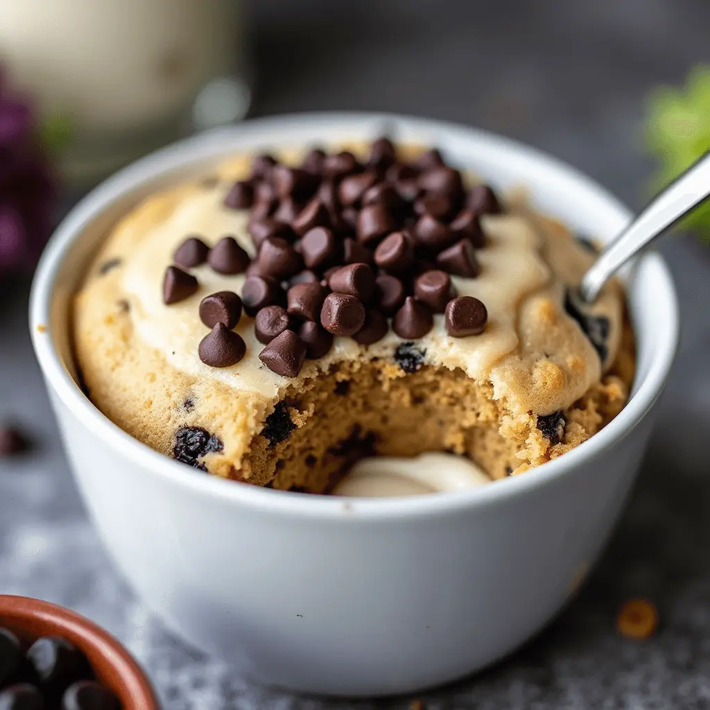 A chocolate chip mug cake in a white cup, topped with melted chocolate chips and vanilla glaze.