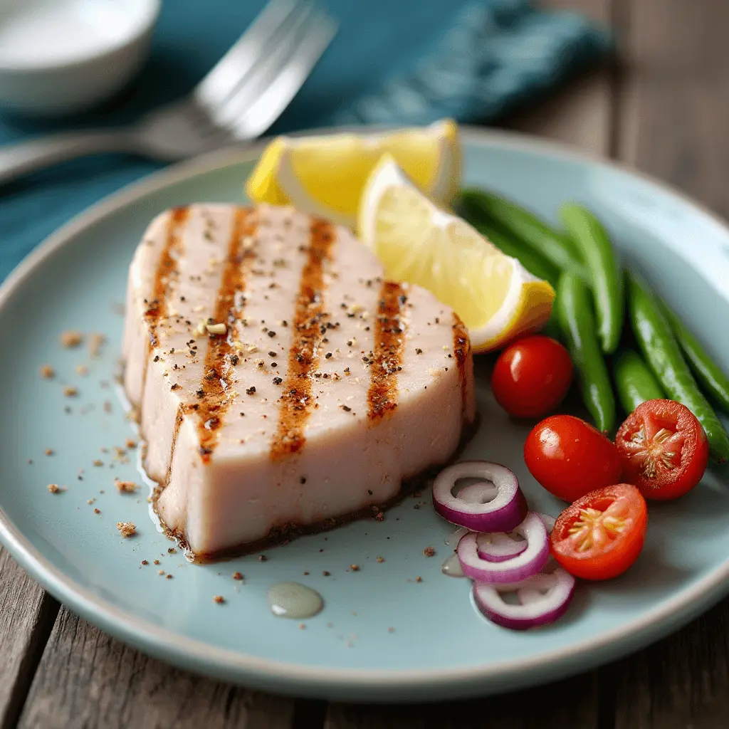 Grilled yellowfin tuna steak with grill marks, seasoned with black pepper, served with cherry tomatoes, green beans, red onion slices, and lemon wedges on a blue plate.