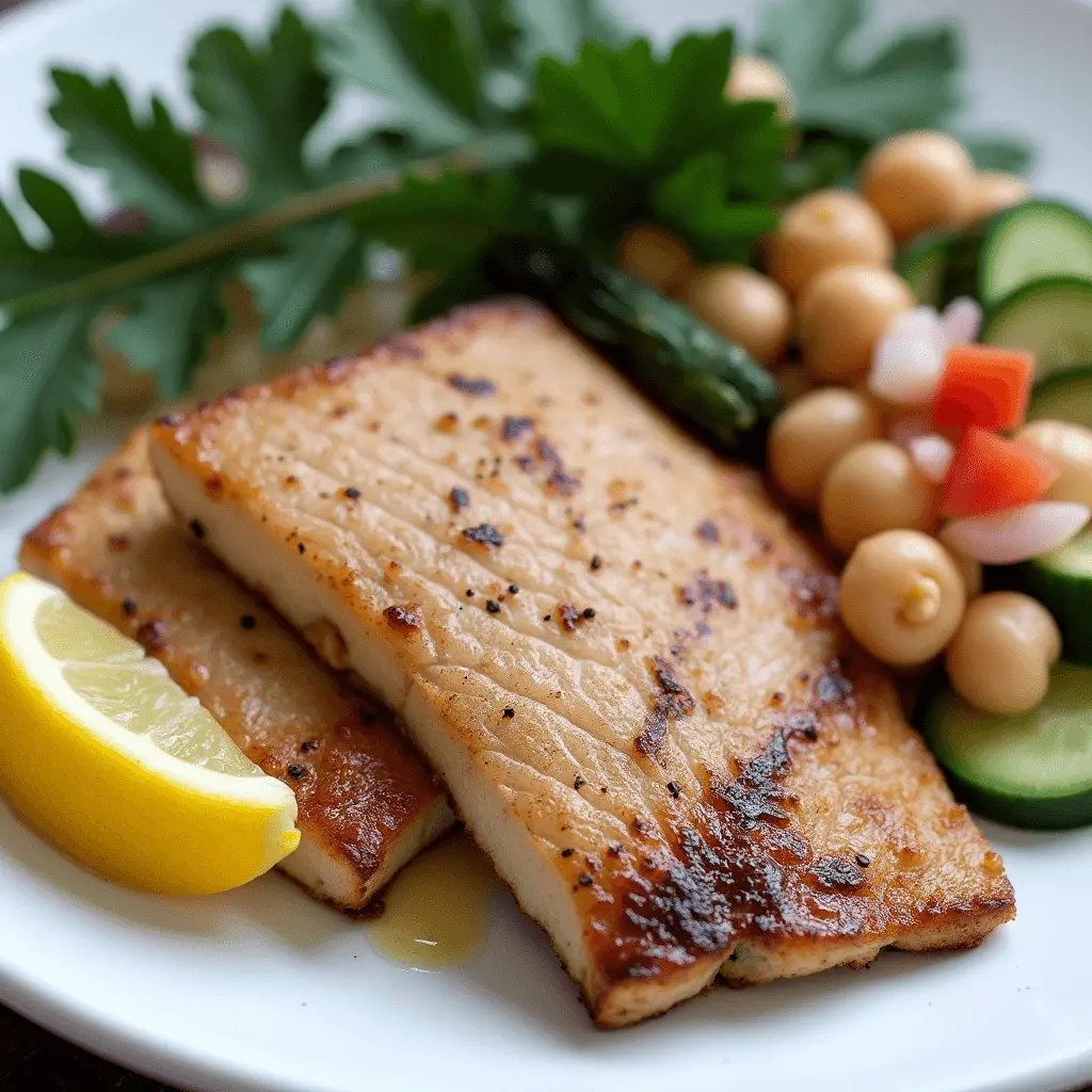 Grilled yellowfin tuna steaks served with chickpea salad, fresh parsley, cucumber slices, and a lemon wedge on a white plate.