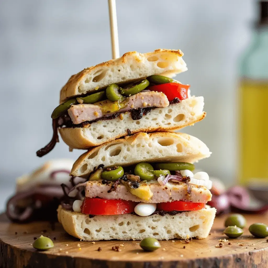 A gourmet tuna sandwich stacked with grilled yellowfin tuna, fresh tomatoes, green olives, caramelized onions, and creamy cheese between slices of artisan bread.