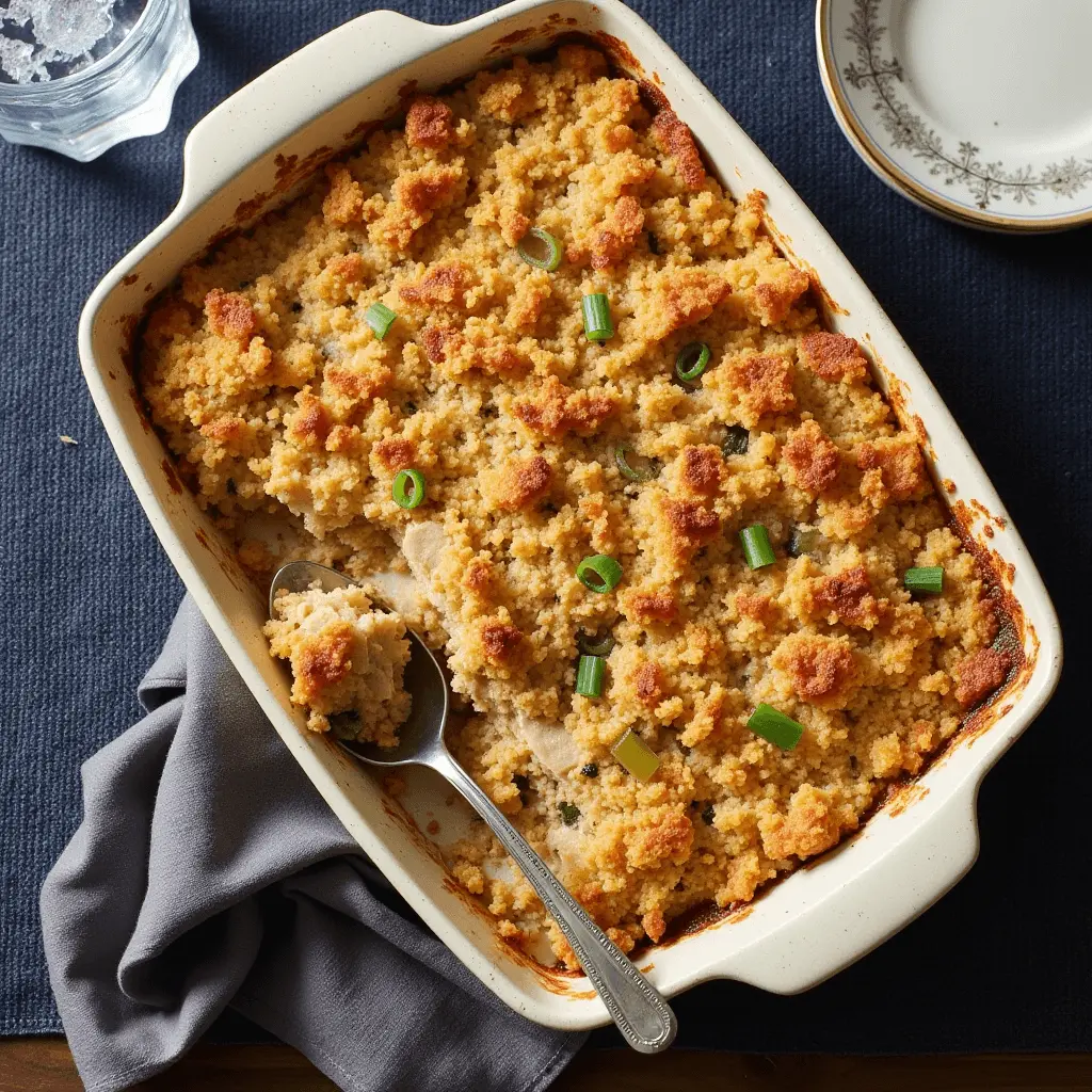 A baked cornbread dressing with chicken in a cream-colored casserole dish, garnished with chopped green onions. A serving spoon scoops out a portion, revealing the creamy interior.