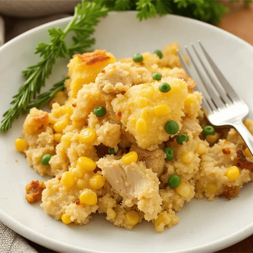 A plate of cornbread dressing with chicken, corn, and peas, garnished with fresh rosemary, served with a fork.