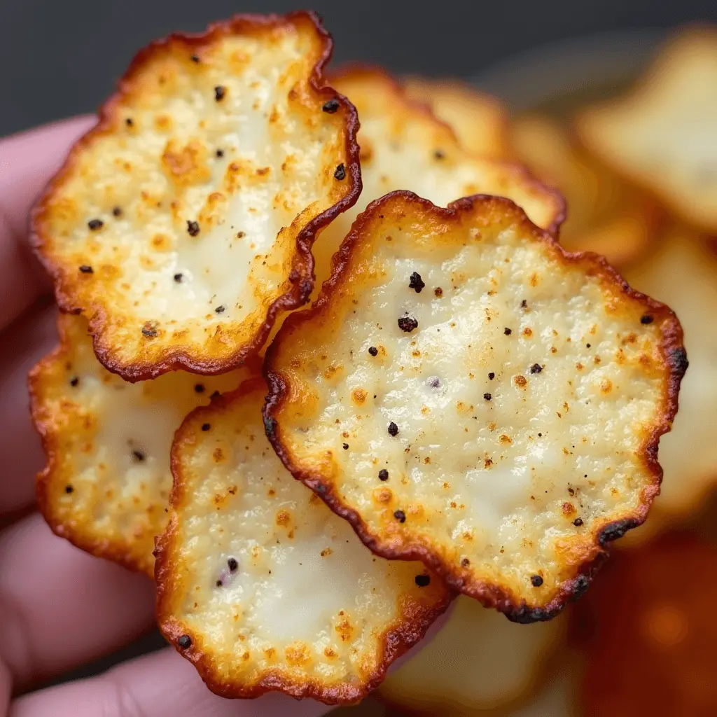 Crispy homemade cheese chips with golden edges, sprinkled with black pepper.