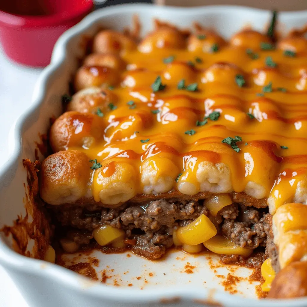 close-up of a freshly baked cowboy casserole with layers of ground beef, corn, and cheese, topped with golden-brown biscuits drizzled with melted cheddar cheese and garnished with fresh herbs.