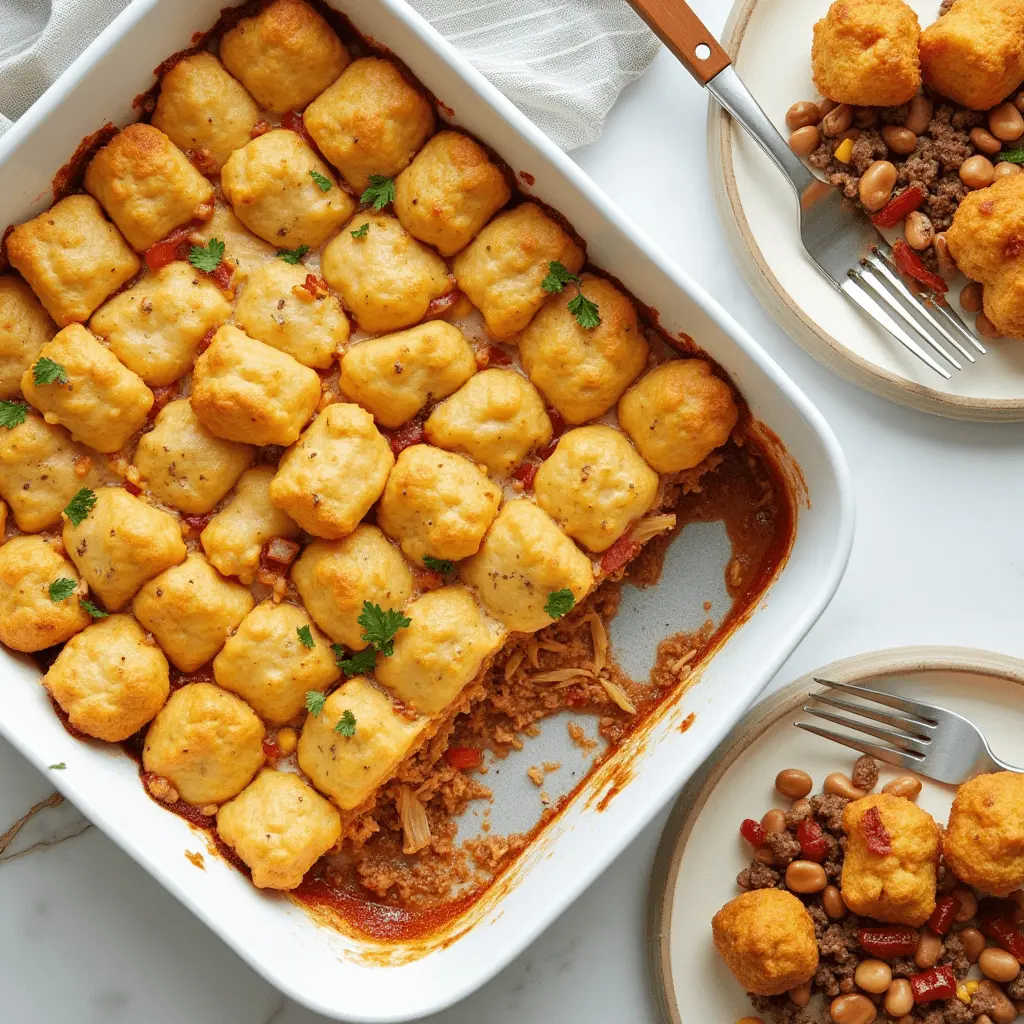A freshly baked cowboy casserole in a white baking dish, topped with golden biscuit pieces, garnished with parsley, and served on plates with a beef and bean filling.